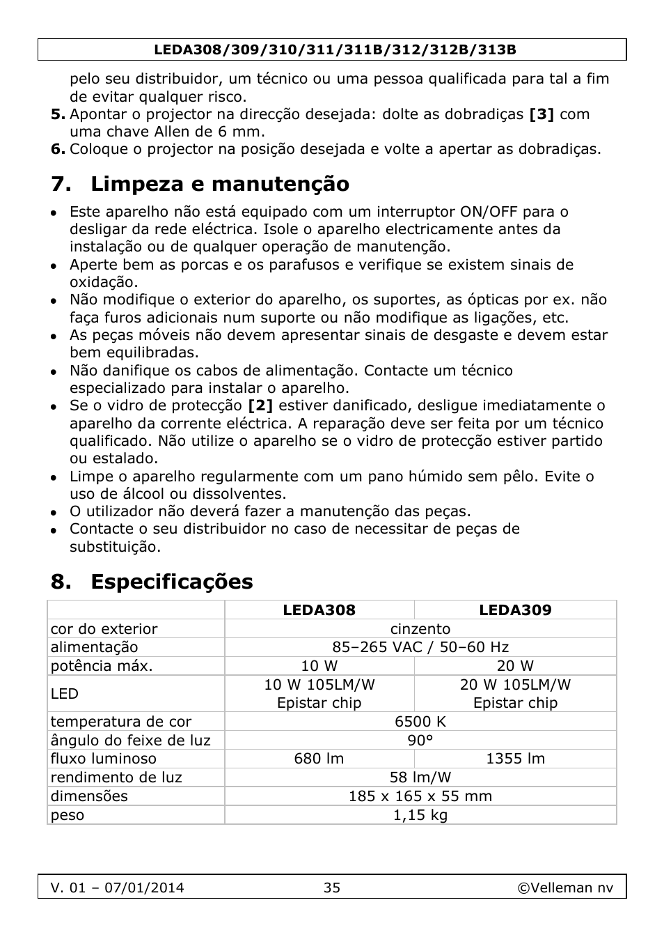 Limpeza e manutenção, Especificações | Velleman LEDA313 User Manual | Page 35 / 40