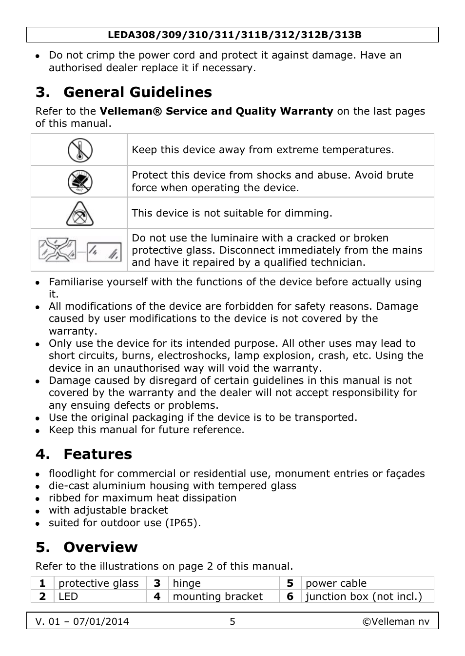 General guidelines, Features, Overview | Velleman LEDA313 User Manual | Page 5 / 40