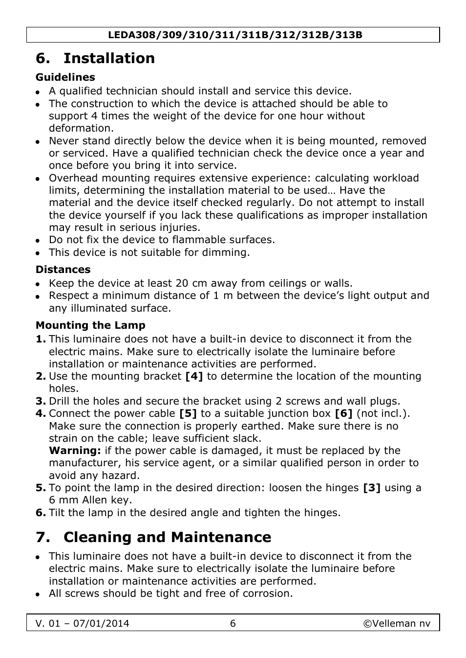 Installation, Guidelines, Distances | Mounting the lamp, Cleaning and maintenance | Velleman LEDA313 User Manual | Page 6 / 40