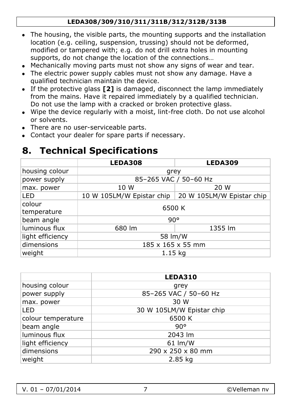Technical specifications | Velleman LEDA313 User Manual | Page 7 / 40