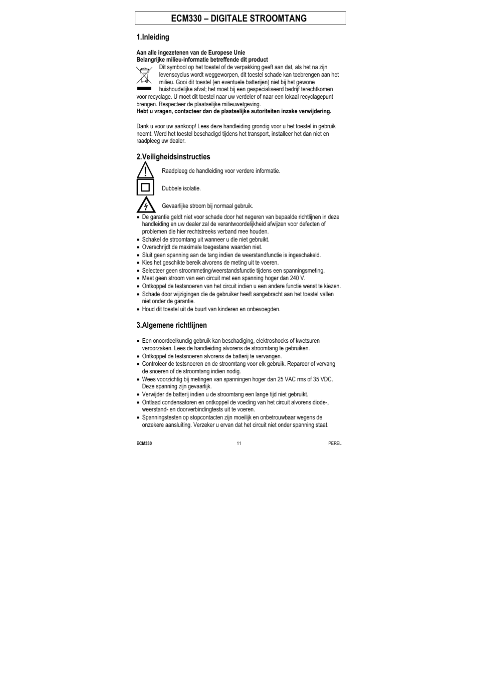 Ecm330 – digitale stroomtang, Inleiding, Veiligheidsinstructies | Algemene richtlijnen | Velleman ECM330 User Manual | Page 11 / 36