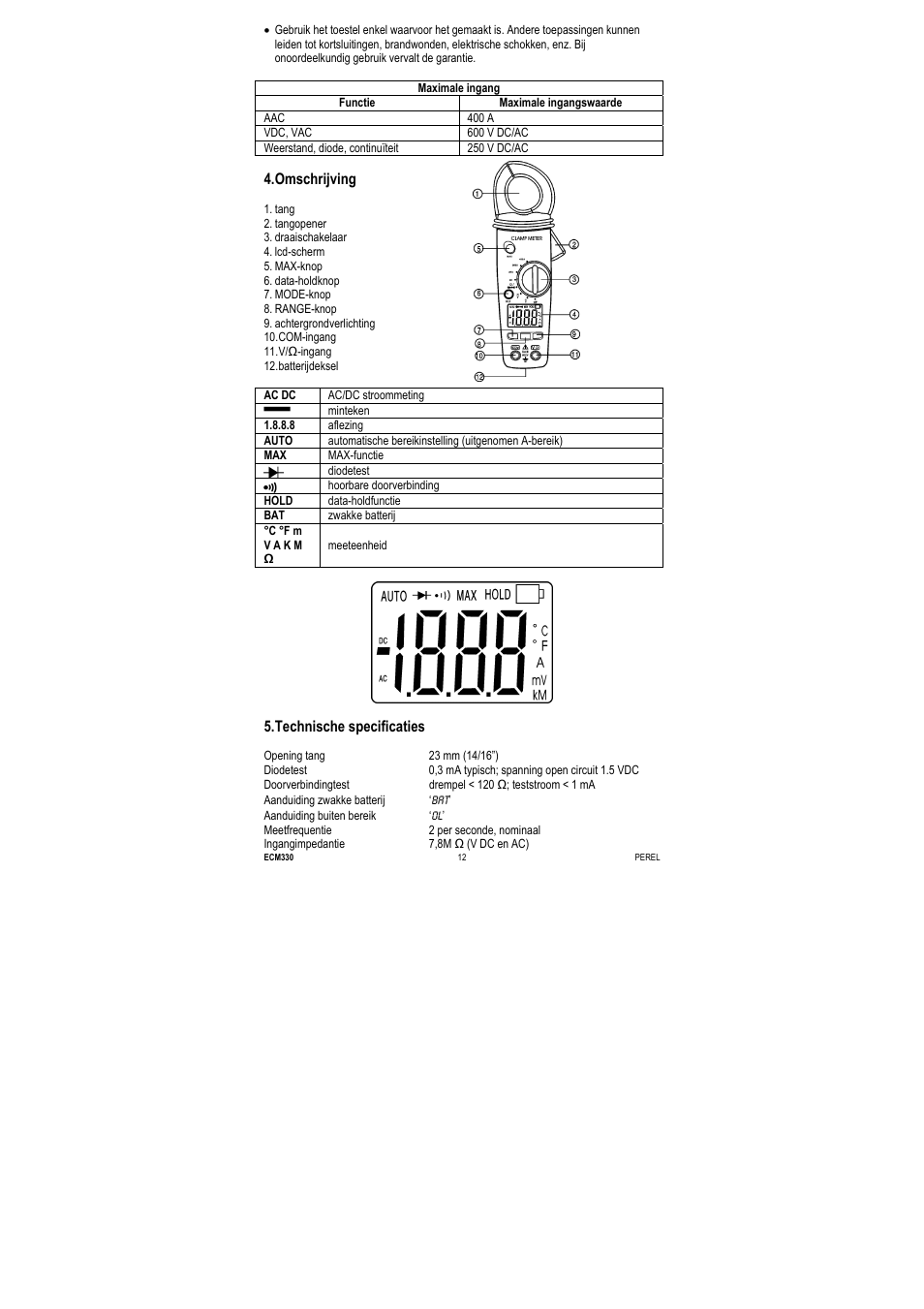 Omschrijving, Technische specificaties | Velleman ECM330 User Manual | Page 12 / 36