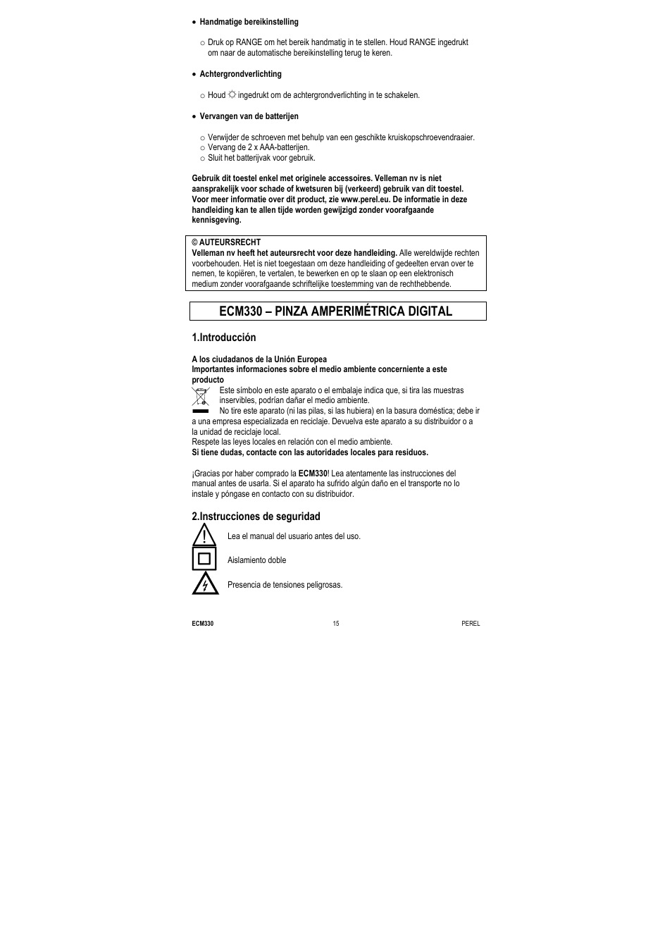 Ecm330 – pinza amperimétrica digital | Velleman ECM330 User Manual | Page 15 / 36