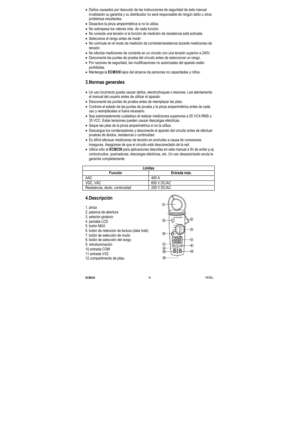 Normas generales, Descripción | Velleman ECM330 User Manual | Page 16 / 36