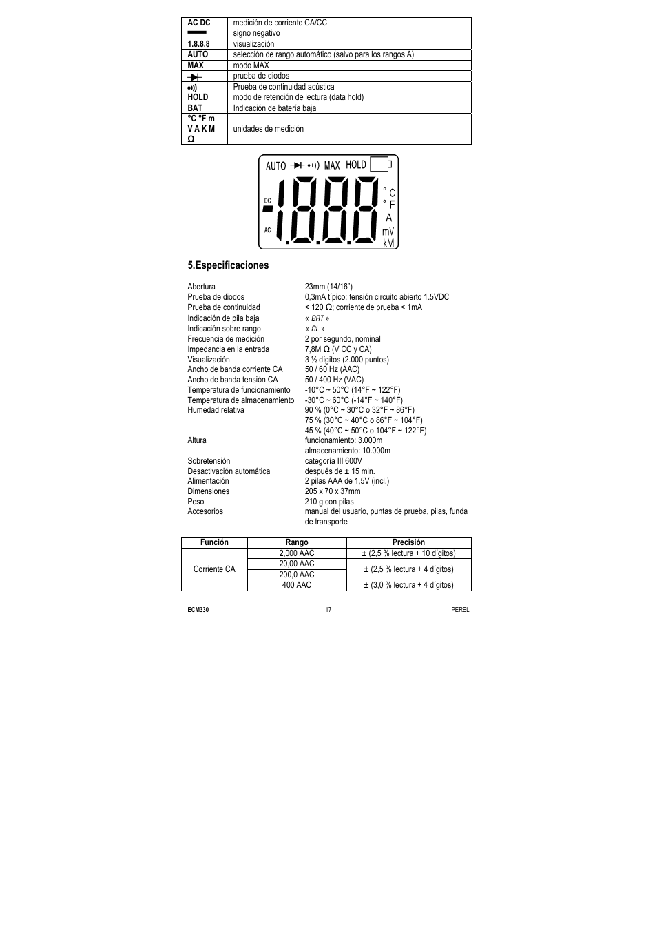 Especificaciones | Velleman ECM330 User Manual | Page 17 / 36