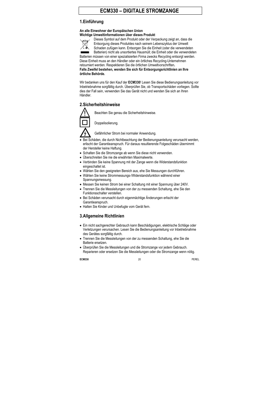 Ecm330 – digitale stromzange, Einführung, Sicherheitshinweise | Allgemeine richtlinien | Velleman ECM330 User Manual | Page 20 / 36