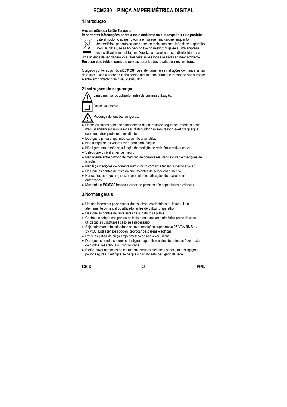 Ecm330 – pinça amperimétrica digital | Velleman ECM330 User Manual | Page 25 / 36