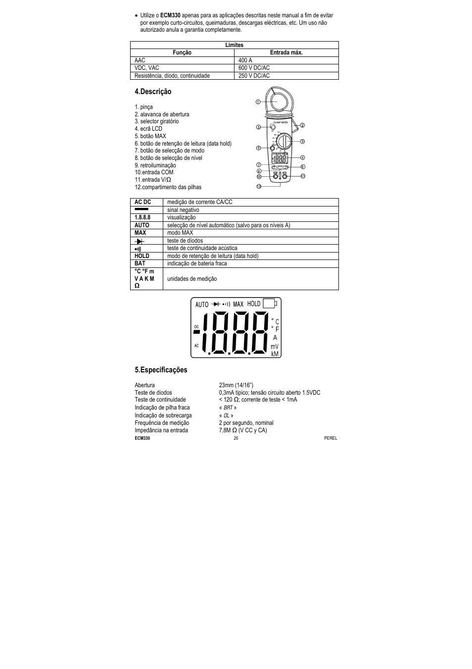 Descrição, Especificações | Velleman ECM330 User Manual | Page 26 / 36