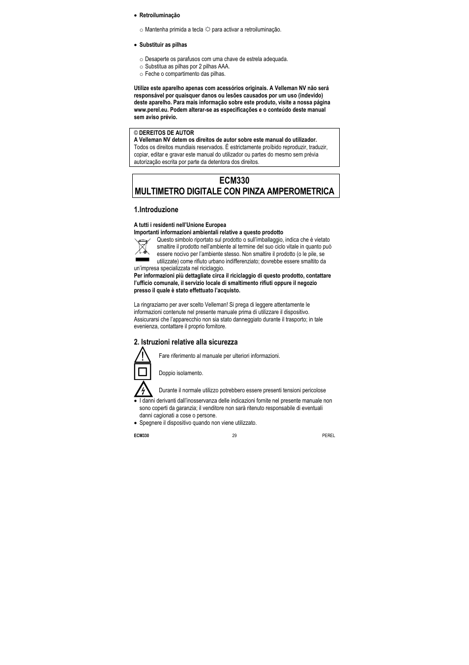 Ecm330 multimetro digitale con pinza amperometrica, Introduzione, Istruzioni relative alla sicurezza | Velleman ECM330 User Manual | Page 29 / 36