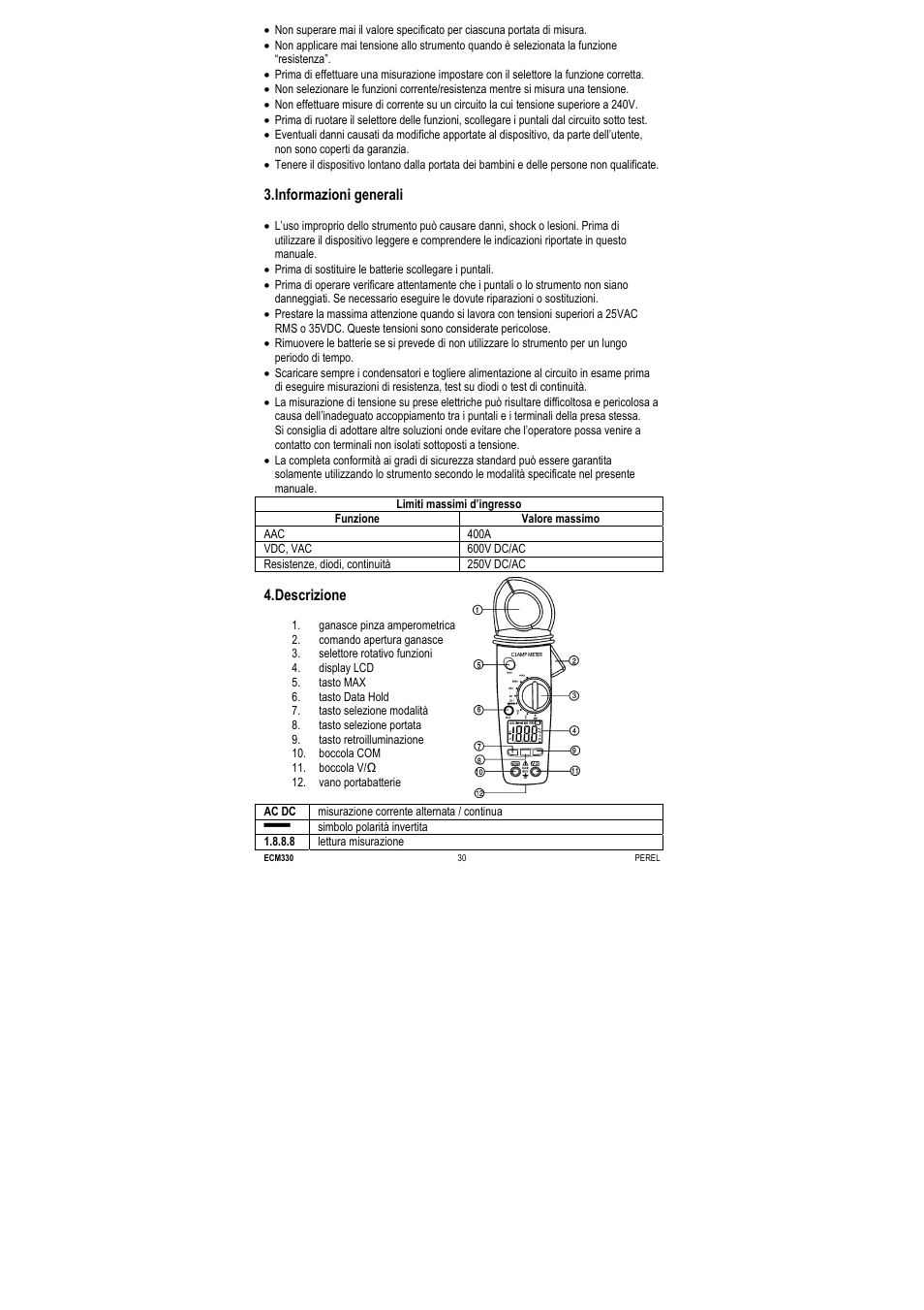 Informazioni generali, Descrizione | Velleman ECM330 User Manual | Page 30 / 36