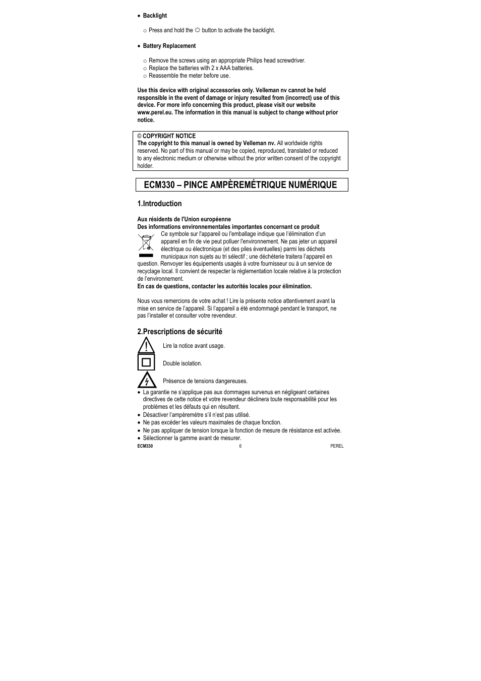 Ecm330 – pince ampèremétrique numérique, Introduction, Prescriptions de sécurité | Velleman ECM330 User Manual | Page 6 / 36