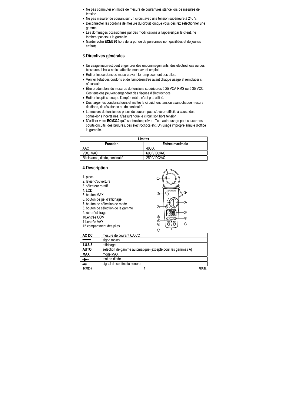 Directives générales, Description | Velleman ECM330 User Manual | Page 7 / 36