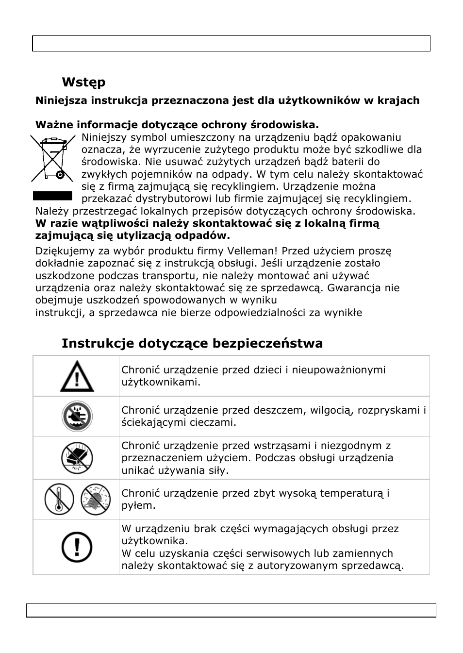 Wstęp, Instrukcje dotyczące bezpieczeństwa | Velleman DVM8020 User Manual | Page 30 / 38