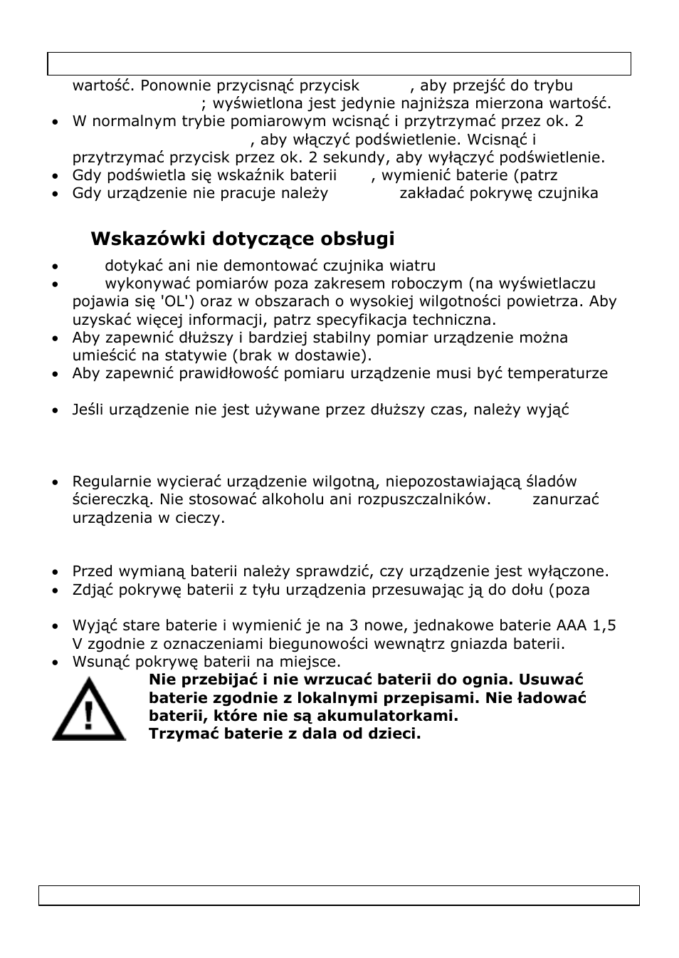 Wskazówki dotyczące obsługi, Konserwacja, Baterie | Velleman DVM8020 User Manual | Page 32 / 38