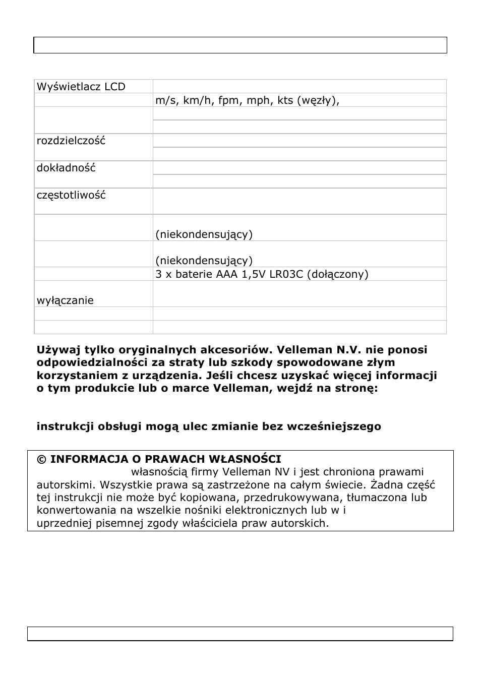 Specyfikacja techniczna | Velleman DVM8020 User Manual | Page 33 / 38