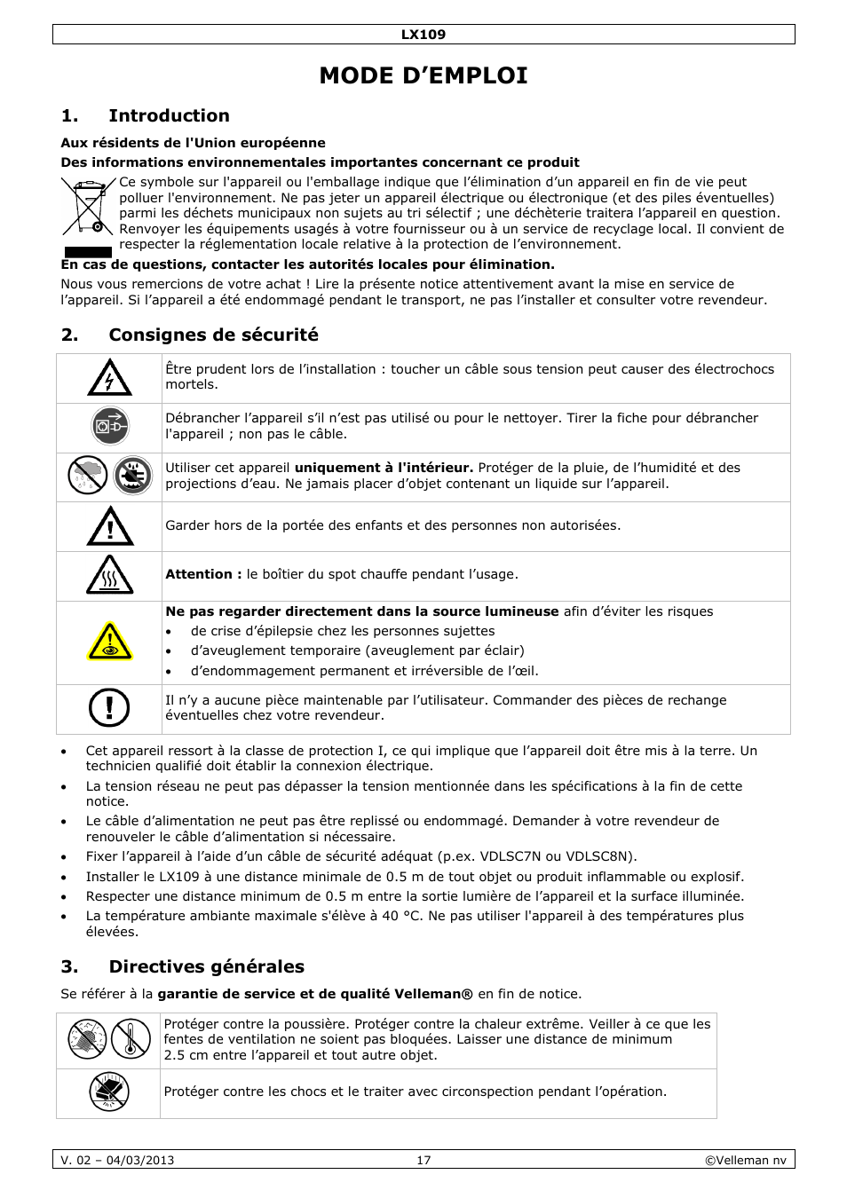 Mode d’emploi, Introduction, Consignes de sécurité | Directives générales, Mode d‟emploi | Velleman LX109 User Manual | Page 17 / 39