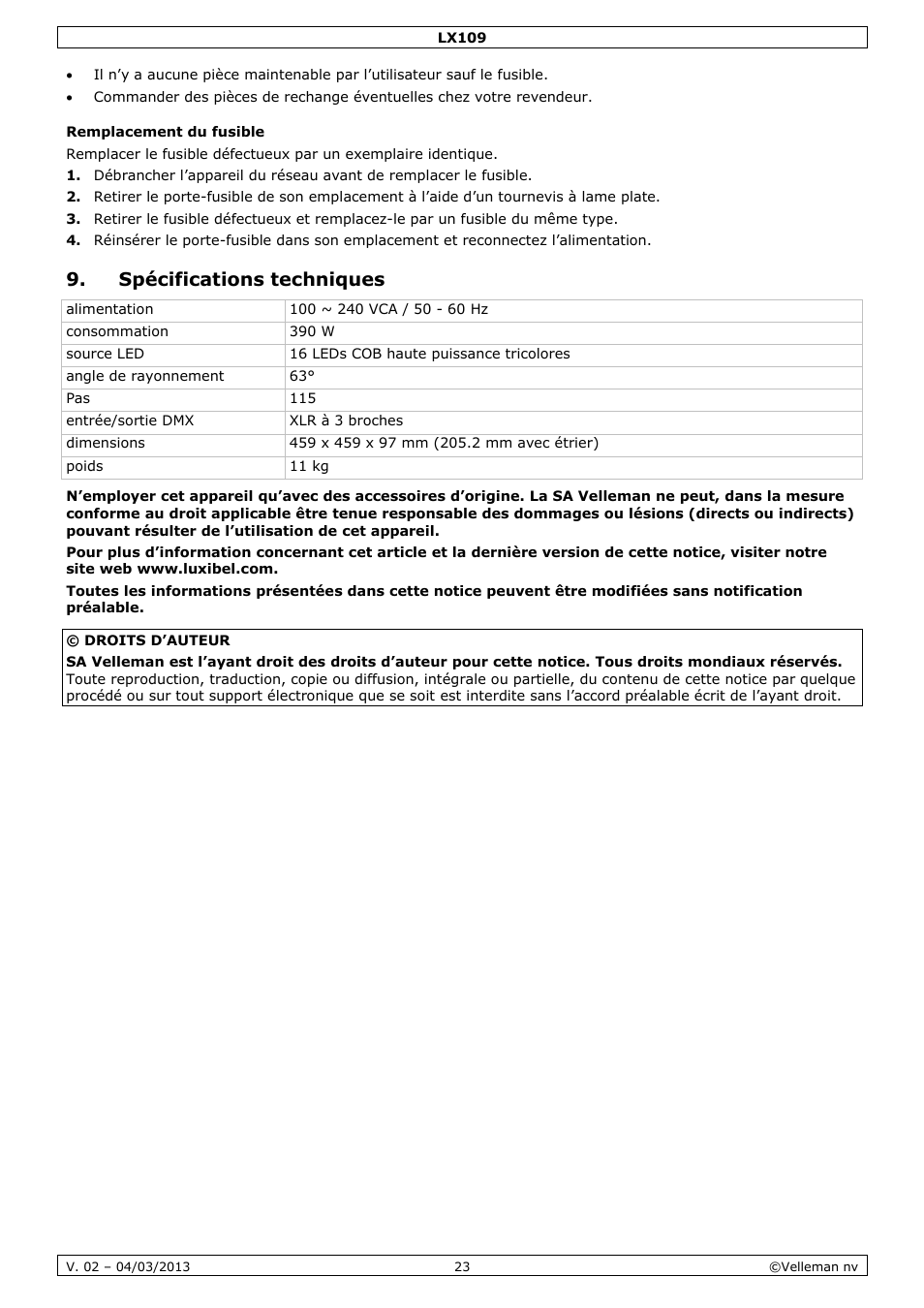 Remplacement du fusible, Spécifications techniques | Velleman LX109 User Manual | Page 23 / 39