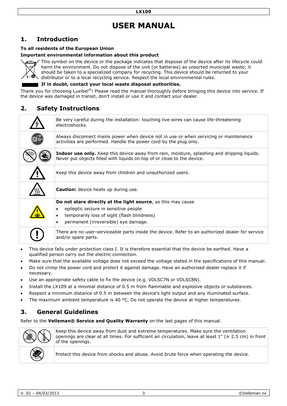 User manual, Introduction, Safety instructions | General guidelines | Velleman LX109 User Manual | Page 3 / 39