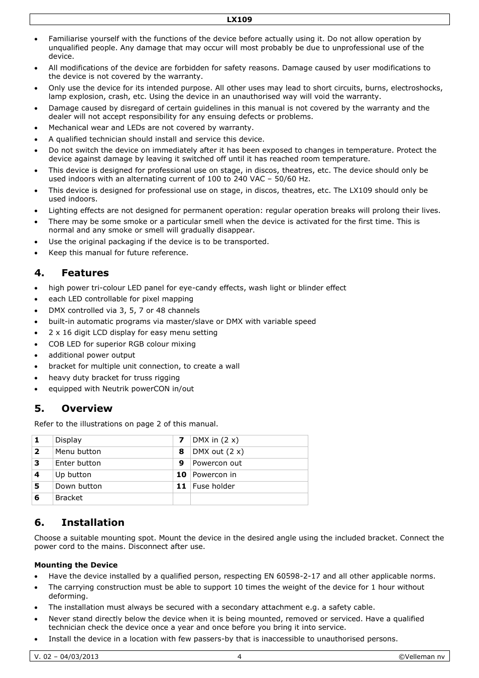 Features, Overview, Installation | Mounting the device | Velleman LX109 User Manual | Page 4 / 39