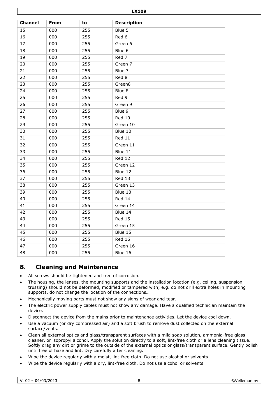 Cleaning and maintenance | Velleman LX109 User Manual | Page 8 / 39