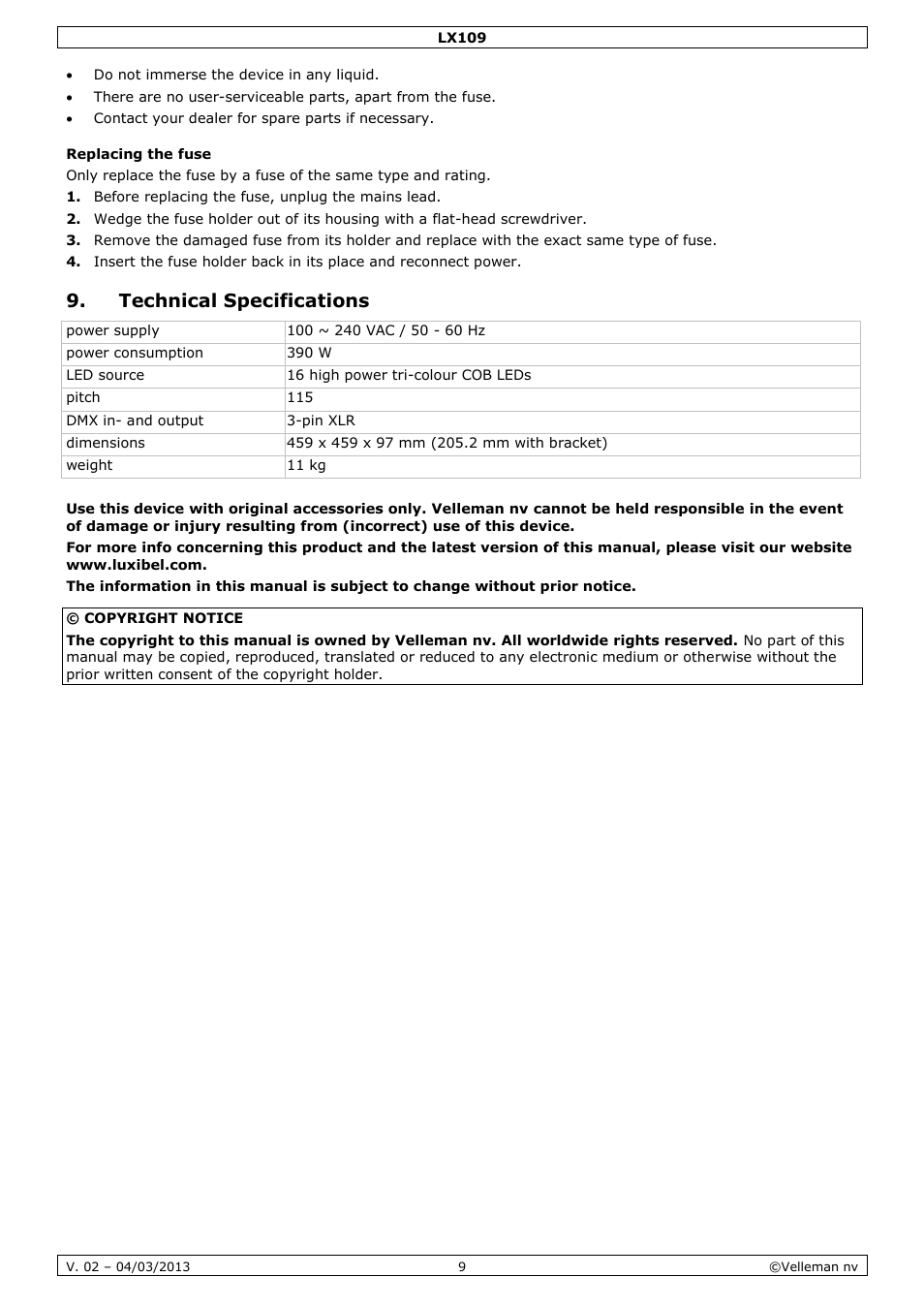 Replacing the fuse, Technical specifications | Velleman LX109 User Manual | Page 9 / 39