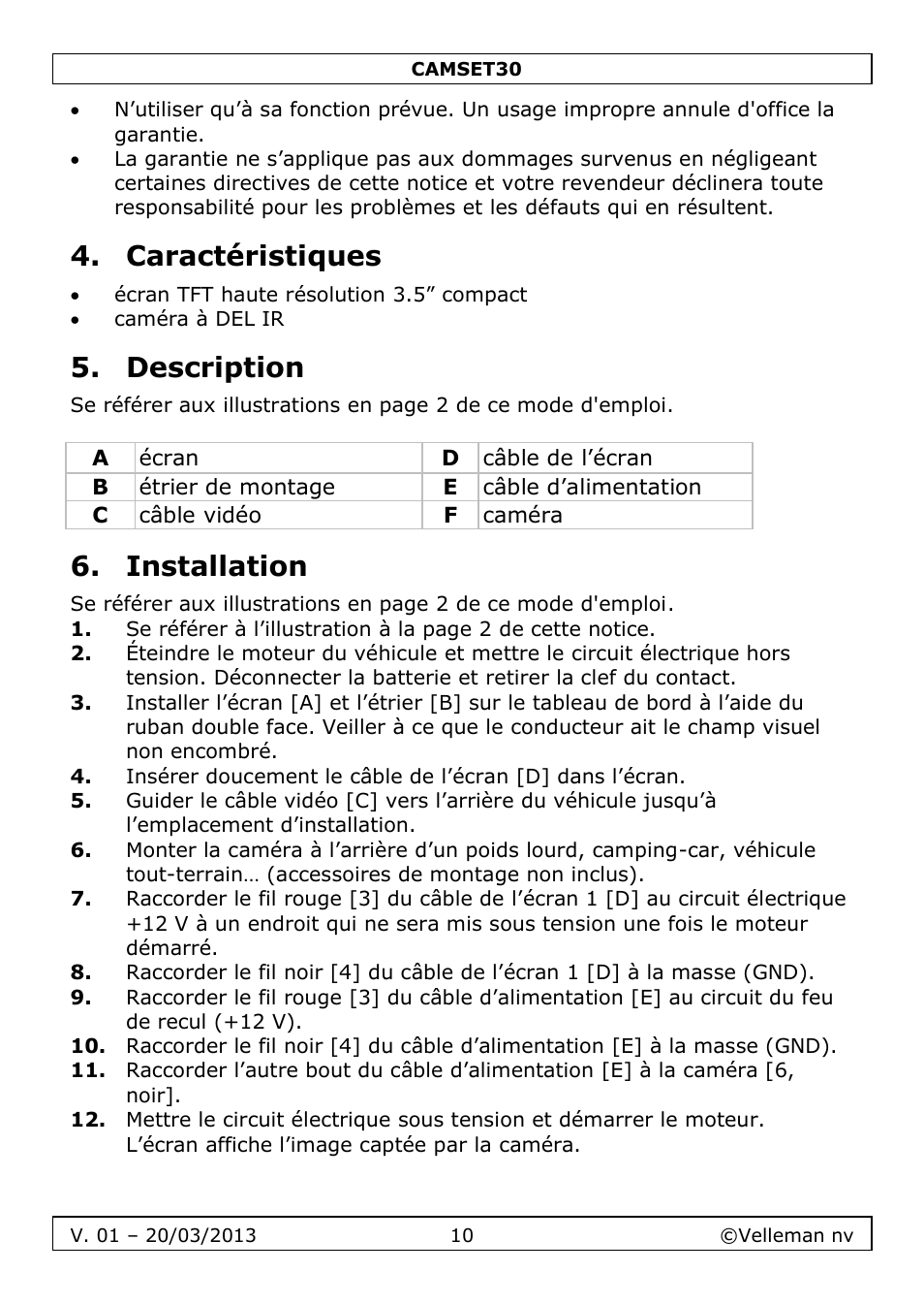 Caractéristiques, Description, Installation | Velleman CAMSET30 User Manual | Page 10 / 30