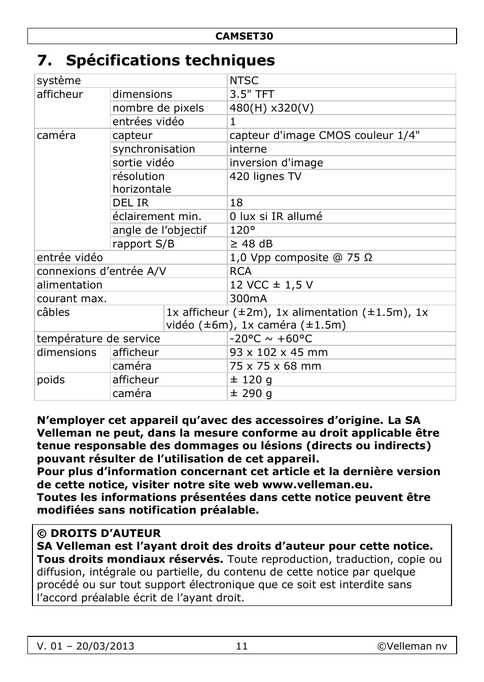 Spécifications techniques | Velleman CAMSET30 User Manual | Page 11 / 30