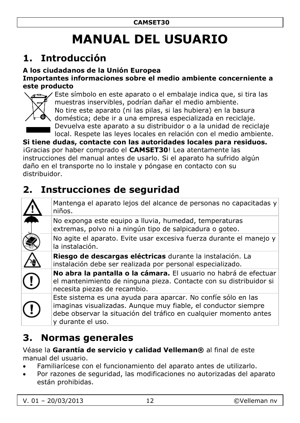 Manual del usuario, Introducción, Instrucciones de seguridad | Normas generales | Velleman CAMSET30 User Manual | Page 12 / 30