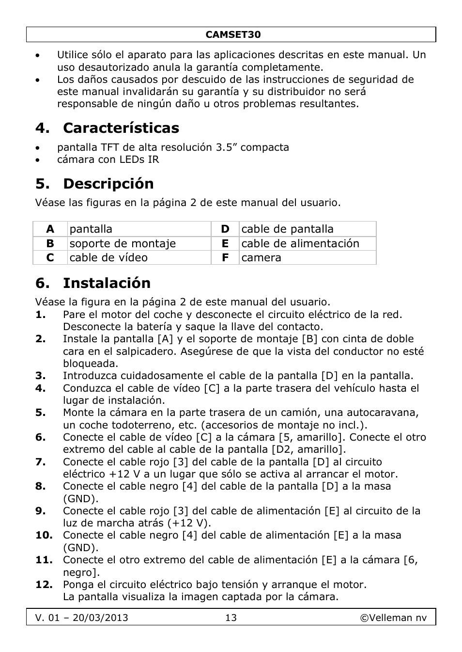 Características, Descripción, Instalación | Velleman CAMSET30 User Manual | Page 13 / 30