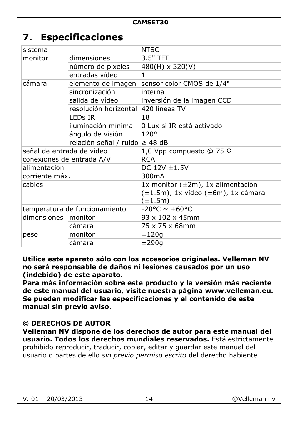 Especificaciones | Velleman CAMSET30 User Manual | Page 14 / 30