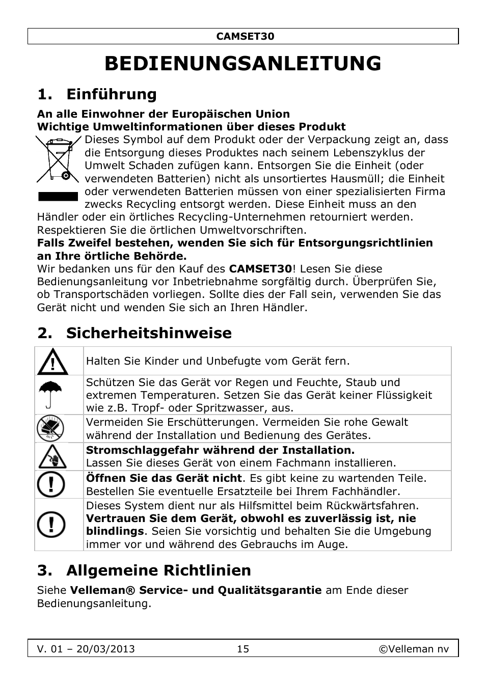 Bedienungsanleitung, Einführung, Sicherheitshinweise | Allgemeine richtlinien | Velleman CAMSET30 User Manual | Page 15 / 30