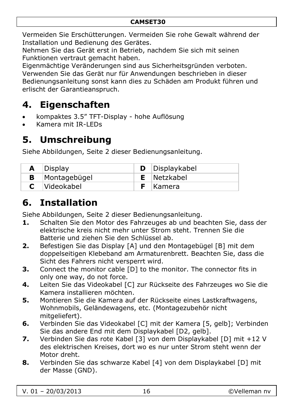 Eigenschaften, Umschreibung, Installation | Velleman CAMSET30 User Manual | Page 16 / 30