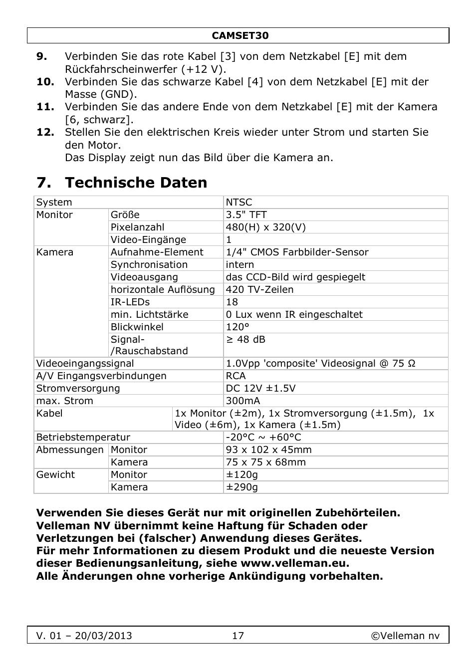 Technische daten | Velleman CAMSET30 User Manual | Page 17 / 30