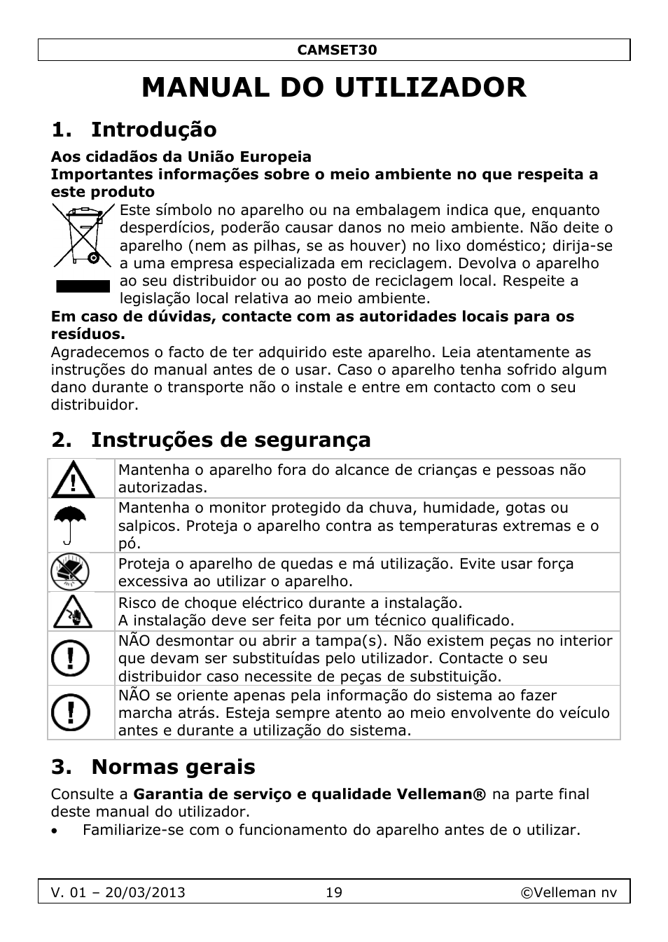 Manual do utilizador, Introdução, Instruções de segurança | Normas gerais | Velleman CAMSET30 User Manual | Page 19 / 30