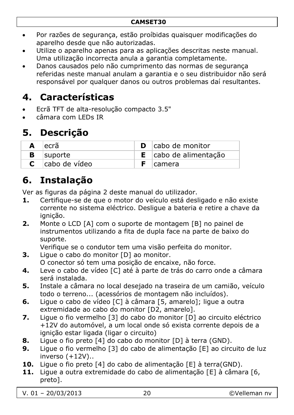 Características, Descrição, Instalação | Velleman CAMSET30 User Manual | Page 20 / 30