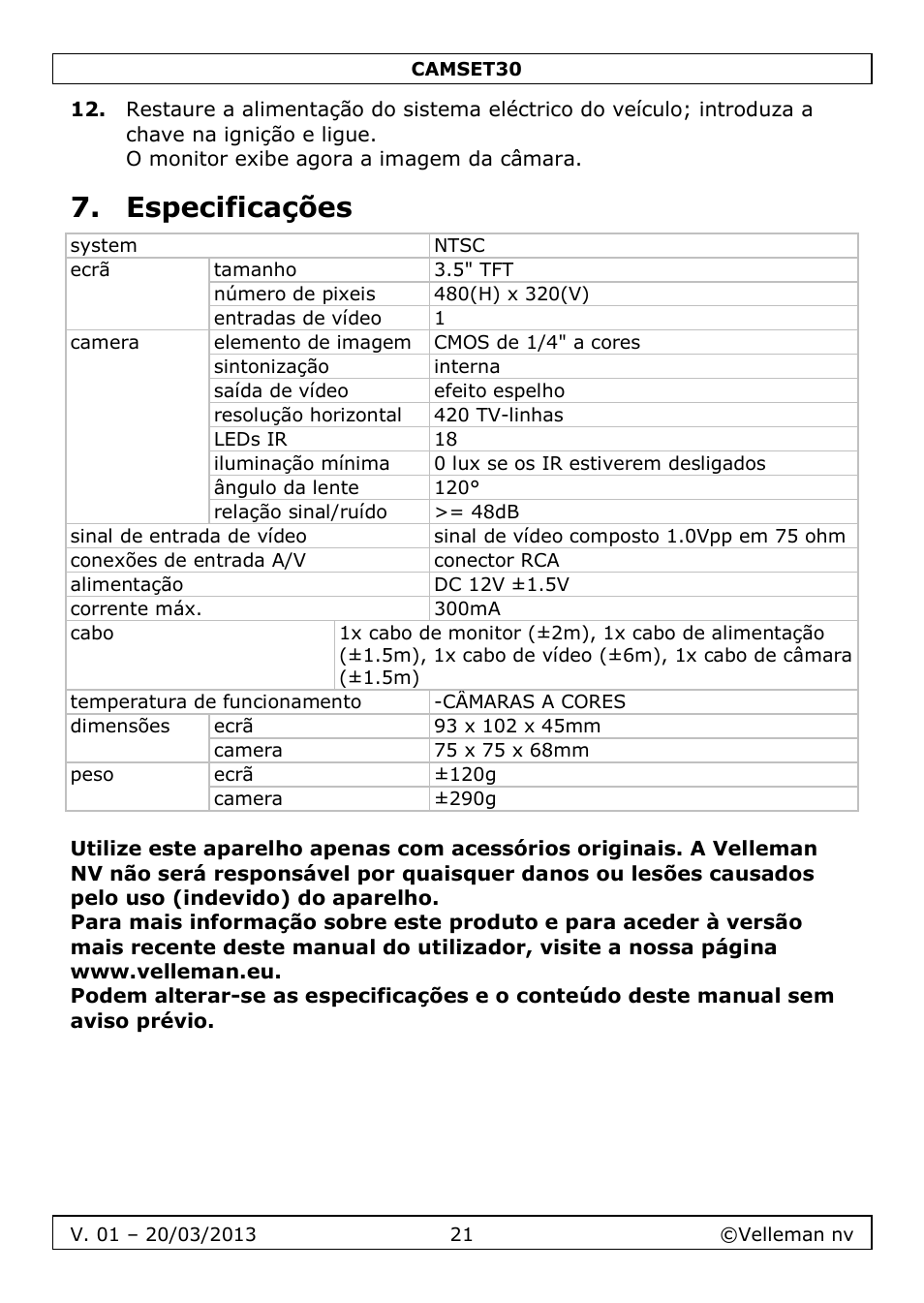 Especificações | Velleman CAMSET30 User Manual | Page 21 / 30