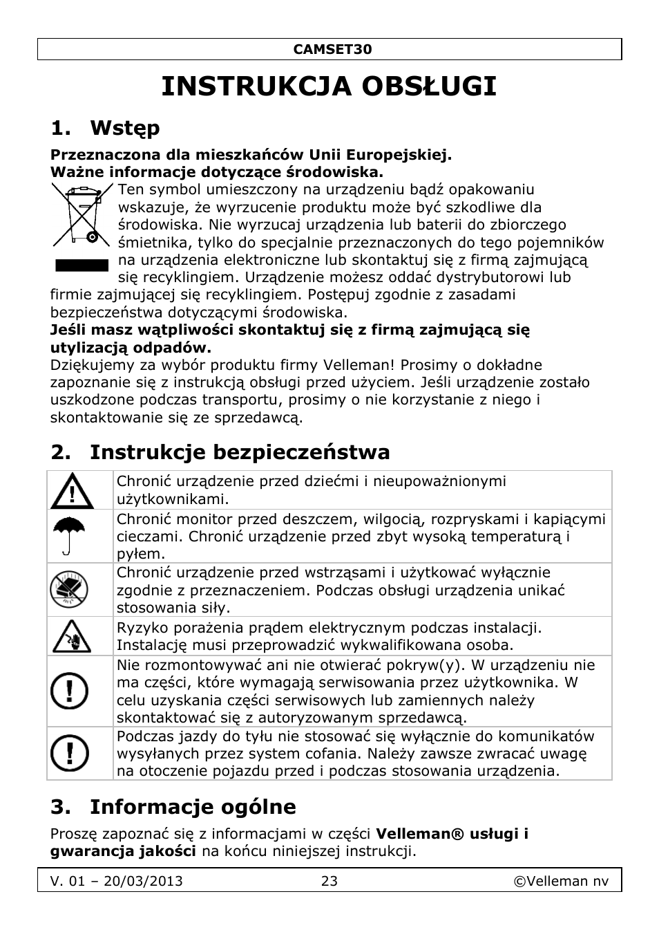 Instrukcja obsługi, Wstęp, Instrukcje bezpieczeństwa | Informacje ogólne | Velleman CAMSET30 User Manual | Page 23 / 30