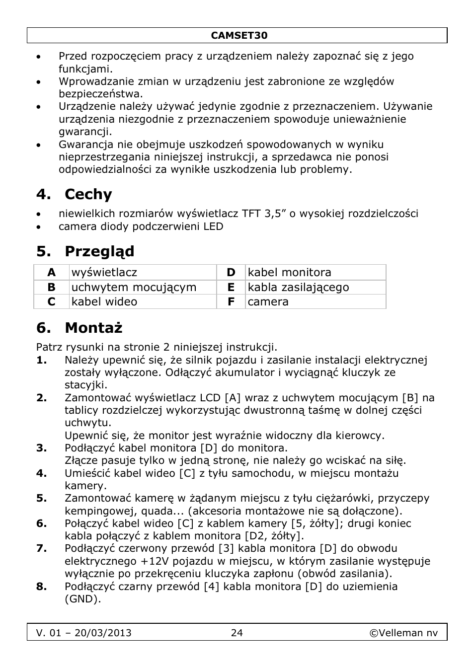 Cechy, Przegląd, Montaż | Velleman CAMSET30 User Manual | Page 24 / 30