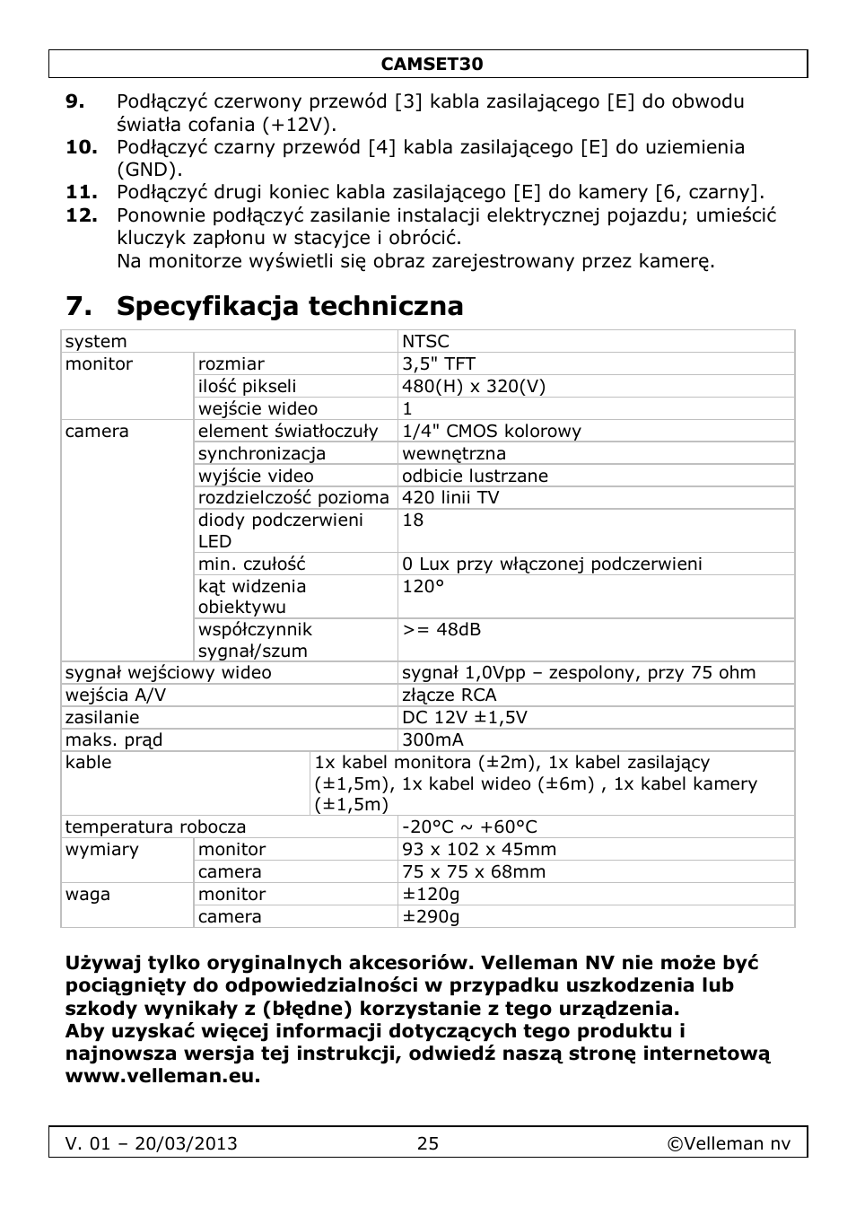 Specyfikacja techniczna | Velleman CAMSET30 User Manual | Page 25 / 30