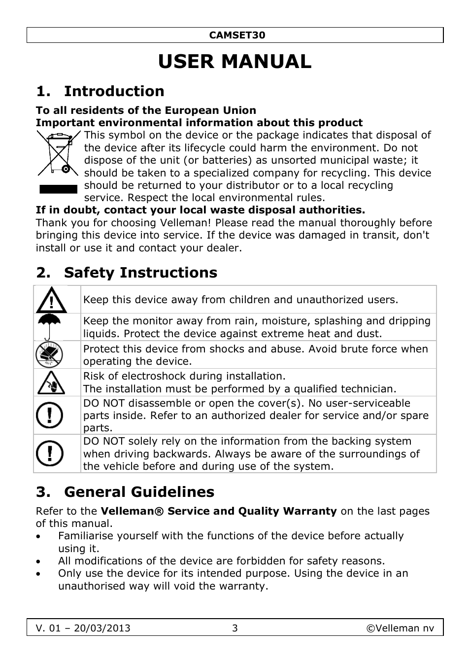 User manual, Introduction, Safety instructions | General guidelines | Velleman CAMSET30 User Manual | Page 3 / 30