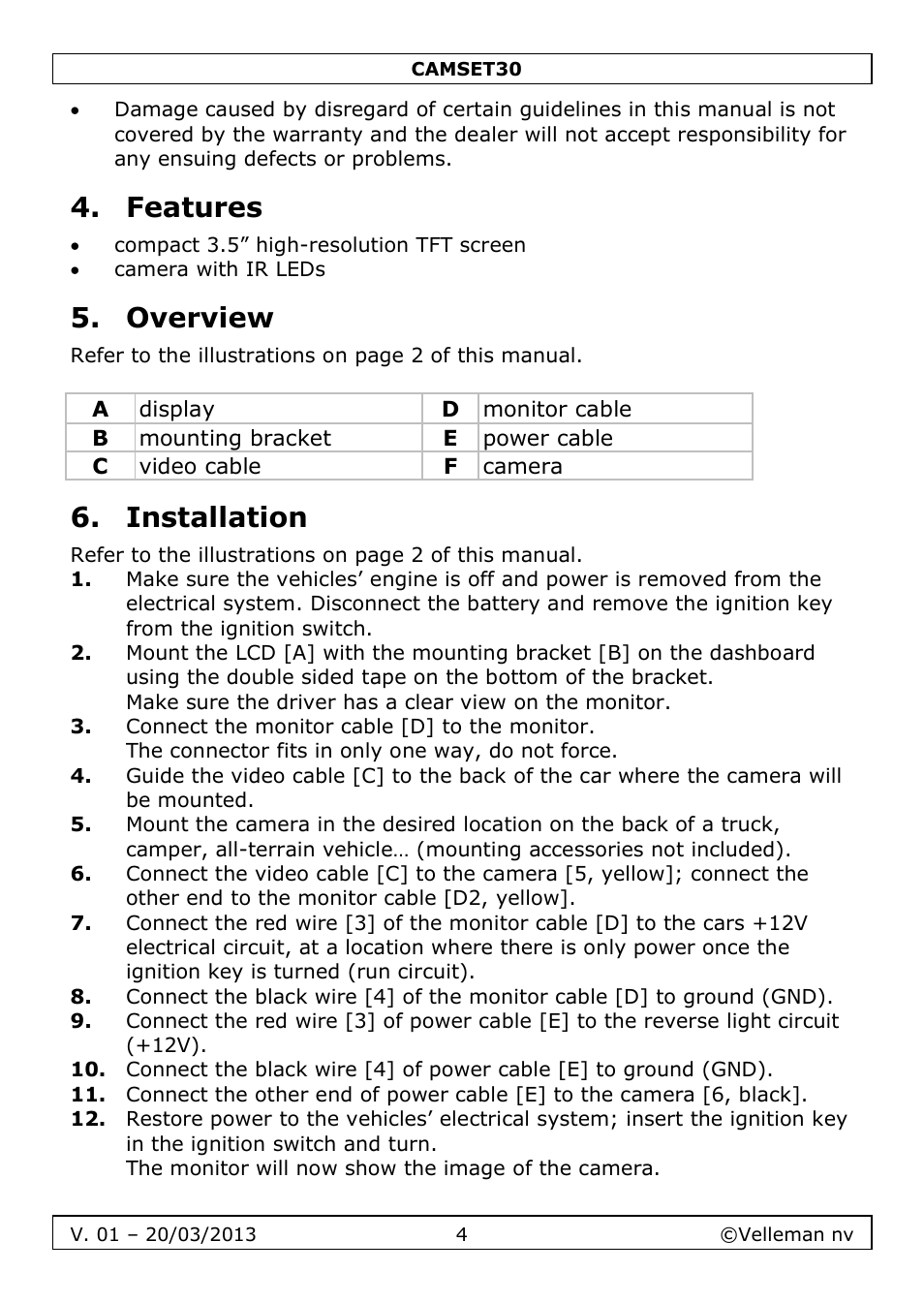 Features, Overview, Installation | Velleman CAMSET30 User Manual | Page 4 / 30
