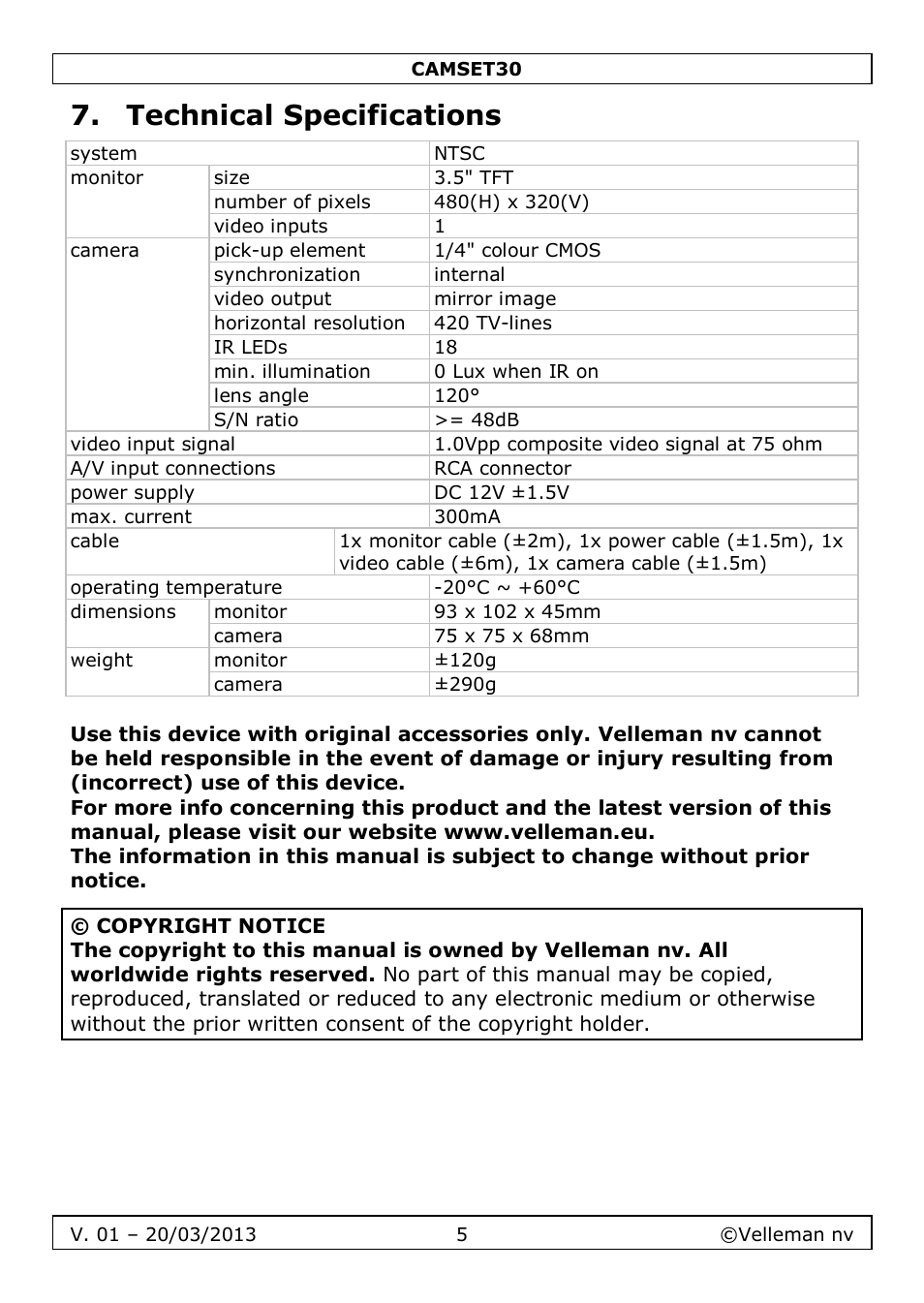 Technical specifications | Velleman CAMSET30 User Manual | Page 5 / 30