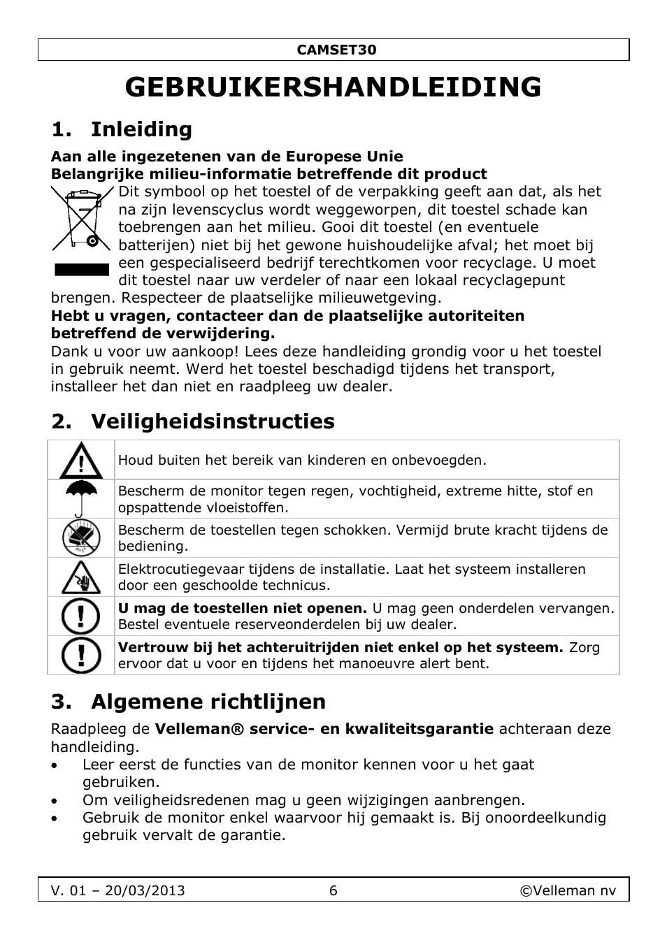 Gebruikershandleiding, Inleiding, Veiligheidsinstructies | Algemene richtlijnen | Velleman CAMSET30 User Manual | Page 6 / 30