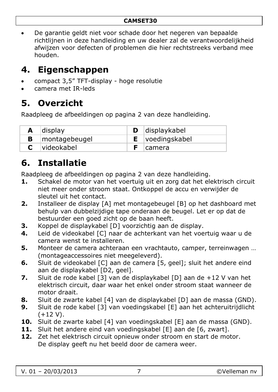 Eigenschappen, Overzicht, Installatie | Velleman CAMSET30 User Manual | Page 7 / 30