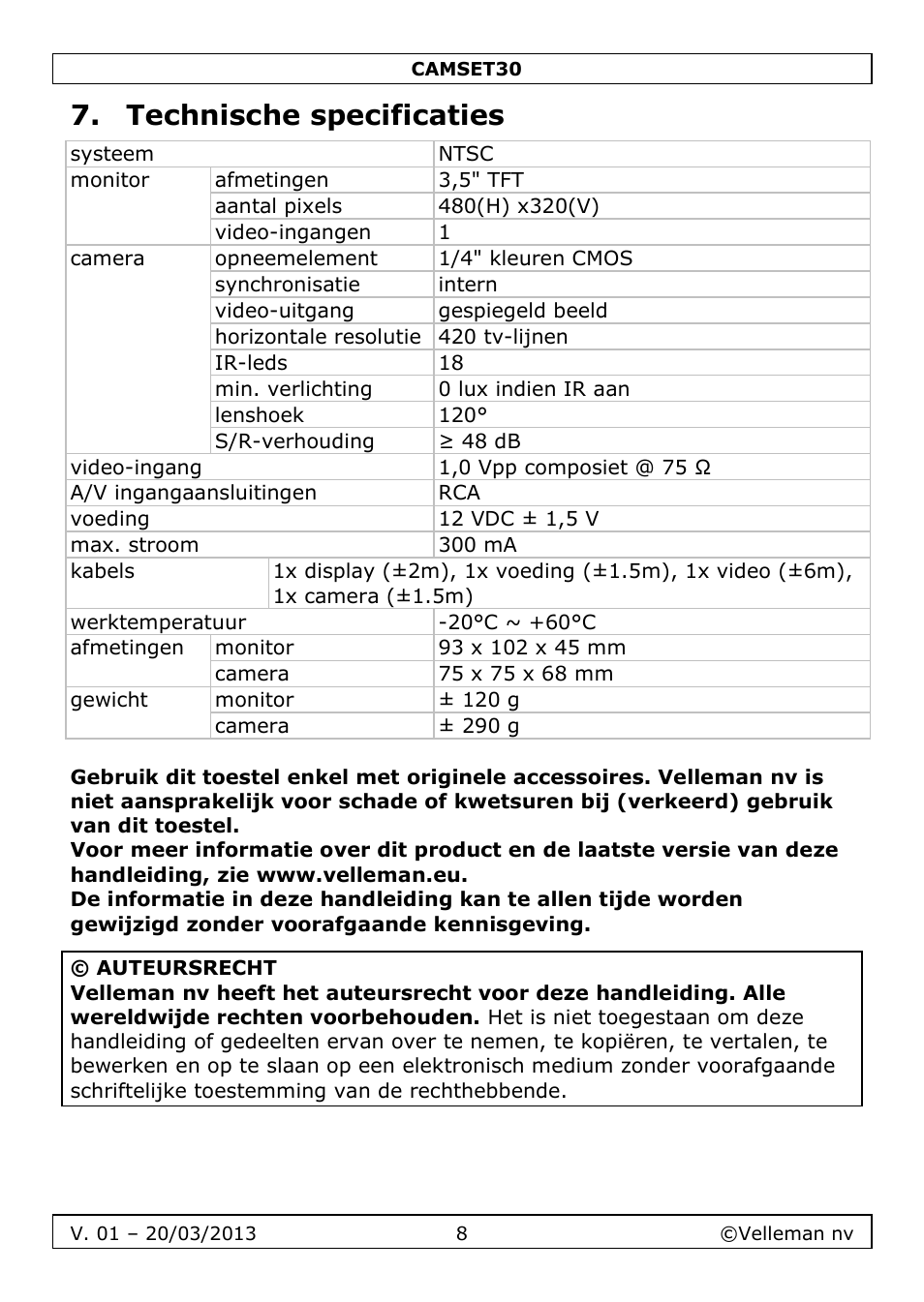 Technische specificaties | Velleman CAMSET30 User Manual | Page 8 / 30