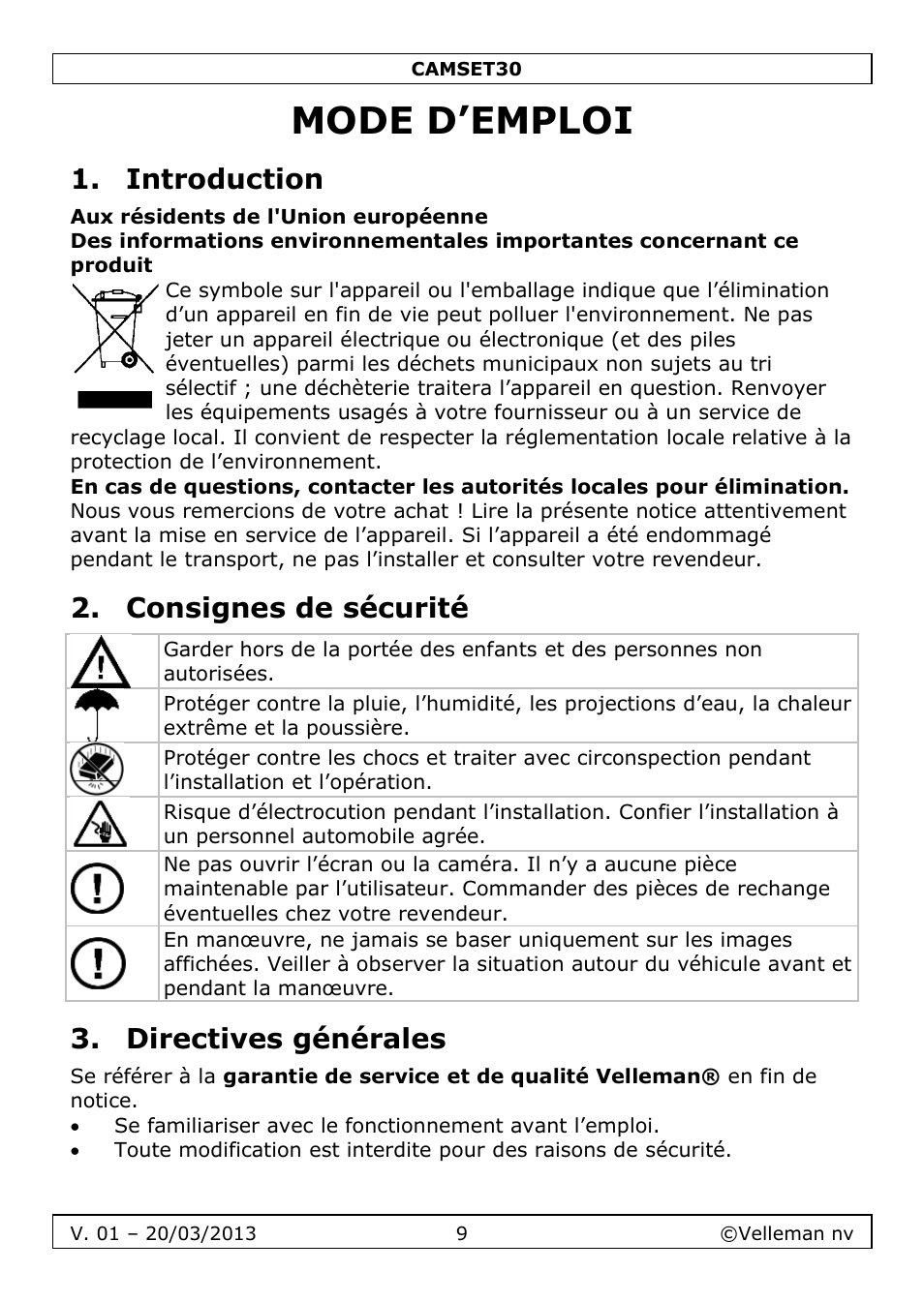 Mode d’emploi, Introduction, Consignes de sécurité | Directives générales | Velleman CAMSET30 User Manual | Page 9 / 30