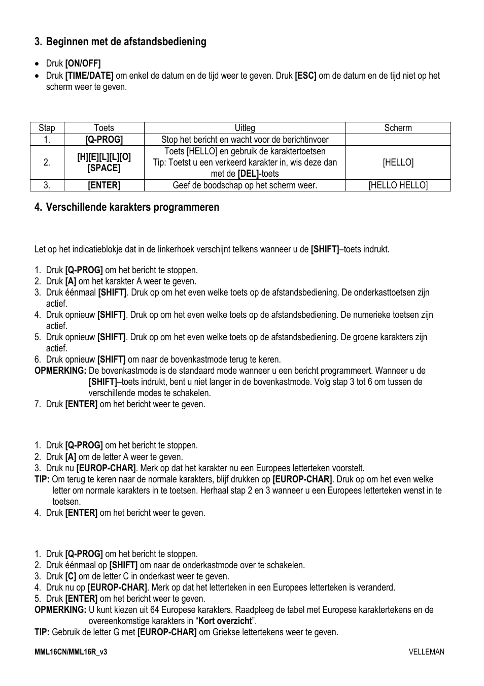 Beginnen met de afstandsbediening, Verschillende karakters programmeren | Velleman MML16CN User Manual | Page 17 / 76