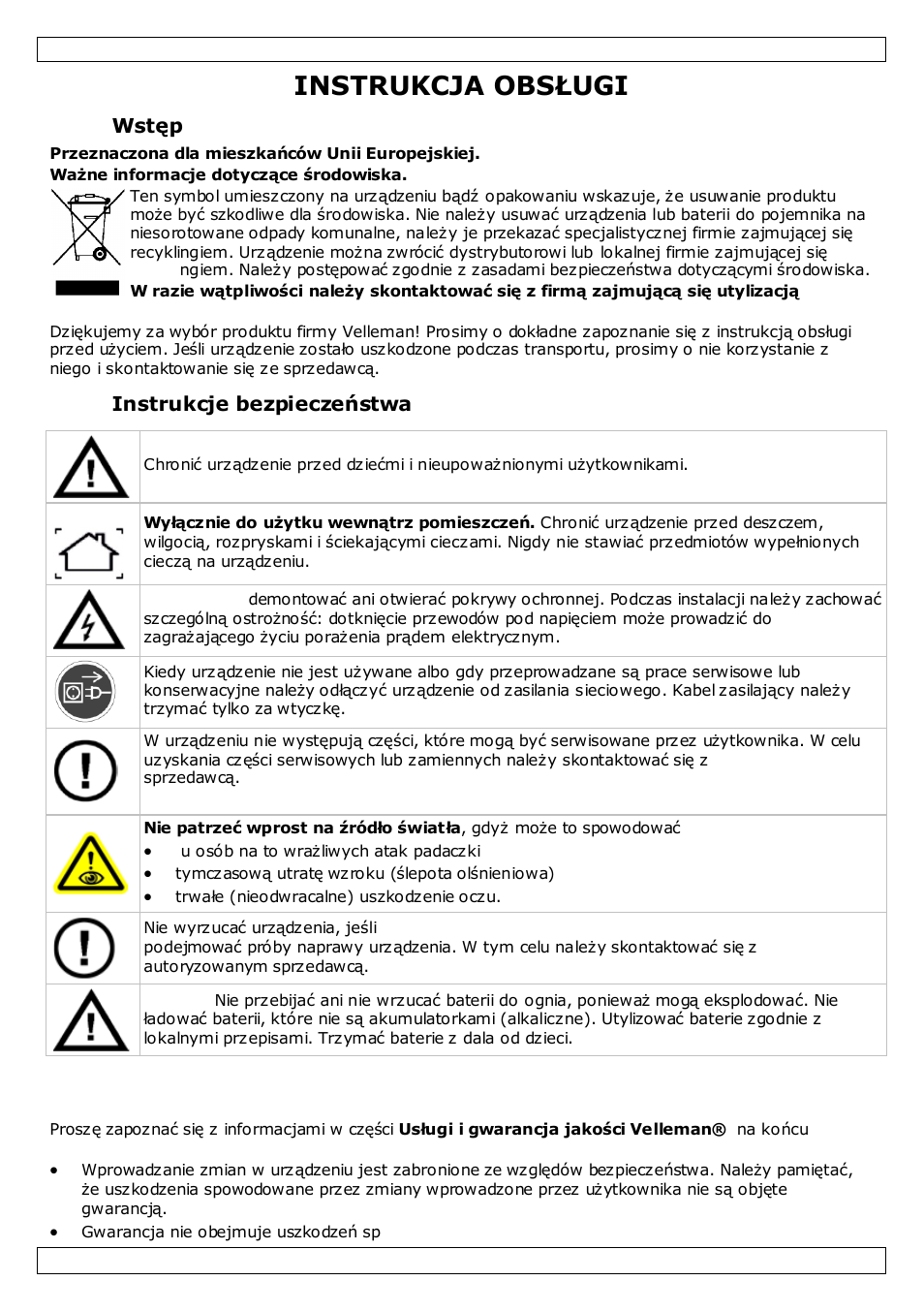 Instrukcja obsługi, Wstęp, Instrukcje bezpieczeństwa | Informacje ogólne | Velleman MML16MC User Manual | Page 62 / 74