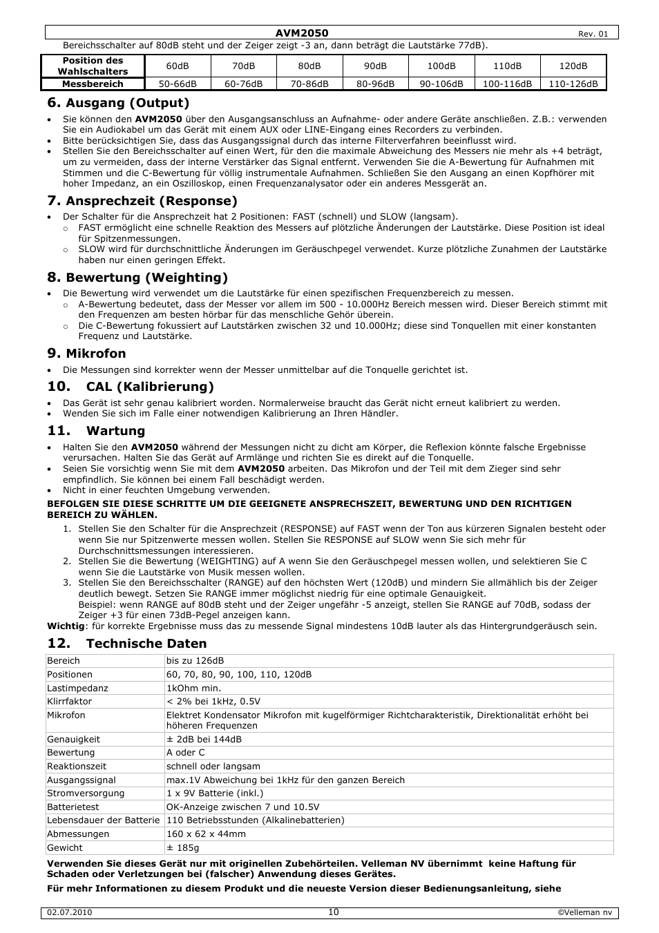 Ausgang (output), Ansprechzeit (response), Bewertung (weighting) | Mikrofon, Cal (kalibrierung), Wartung, Technische daten | Velleman AVM2050 User Manual | Page 10 / 12