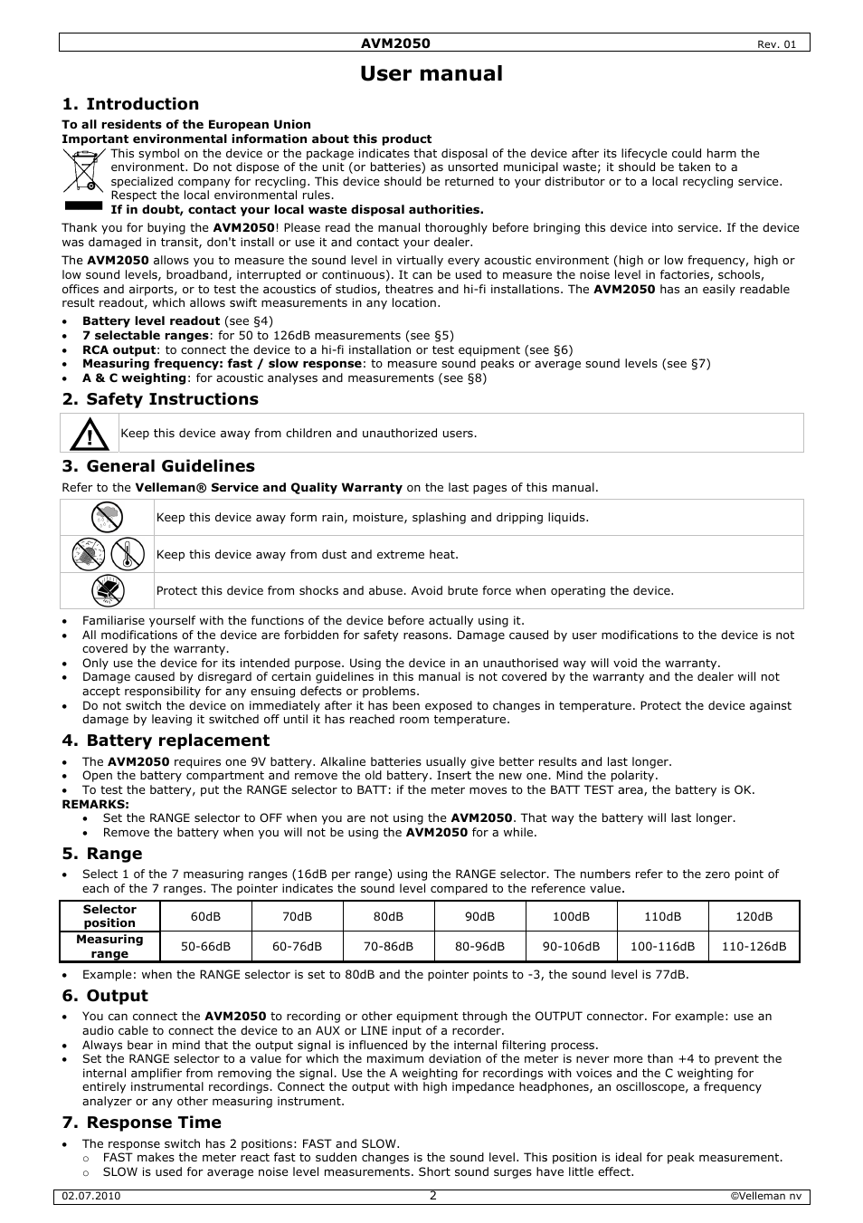Er man, Introduc, Safety i | General, Battery, Range, Output, Respons, Ction, Instructio | Velleman AVM2050 User Manual | Page 2 / 12